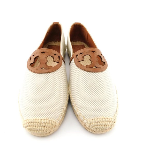 New TORY BURCH Natural Tan Logo Canvas Espadrilles Slip-on Flats 7.5 - Picture 3 of 7